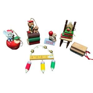Christmas Teacher Ornaments Vintage 1990s Resin School Books Pencils Ruler Apple